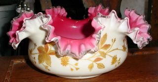 Most Exquisite Mt.  Washington Cased Glass Pink Enameled Brides Basket Bowl N/r