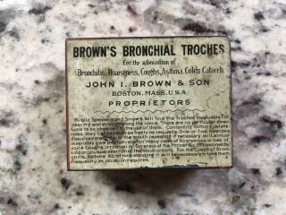 Antique 1913 Browns Bronchial Troches Mfg In Boston Mass Apothecary Medical Tin