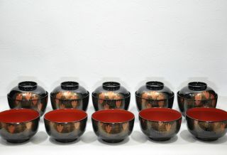 Vintage Japanese lacquerware two different kinds of soup bowl set. 3