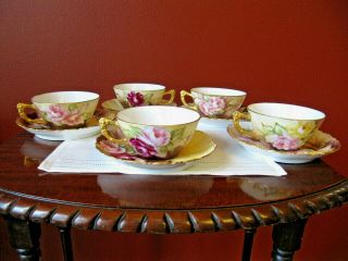 Vtg Limoges,  France Hand Painted,  5 Tea Cups & Saucers,  Roses Goldtrim Embossed