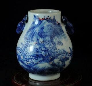 Old China Blue White Porcelain Deer Head Statue And Scenery Porcelain Vase B01