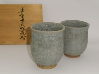 Japanese Tea Cups 2set Kannyu Yunomi With Signed Wooden Box.