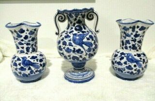 3 Volpi Deruta Italian Blue And White Arabeco Vases Handmade Handpainted Ca1950