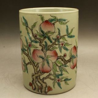 Chinese Old Hand - Carved Porcelain Famille Rose Peach Brush Pot C01