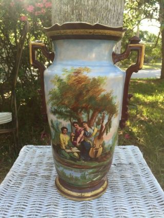 Lg Antique 1800s Victorian Hand Painted Porcelain Vase 3 Women Playing Cello