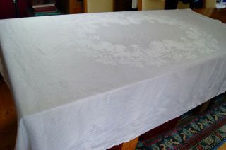 Antique White Irish Linen Damask Tablecloth Roses 84 " X 68 " T127