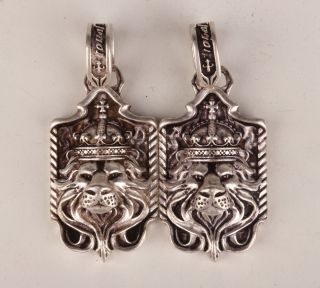 2 Rare Tibetan Silver Hand - Carved Lion King Statue Necklace Pendant