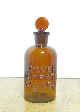 Silver Nitrate Agno3 Antique Amber Bottle With Stopper Embossed Wheaton Usa