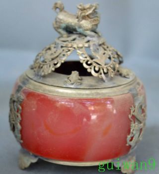 Exorcism Collectable Decorative Jade Armor Miao Silver Carve Lion Incense Burner