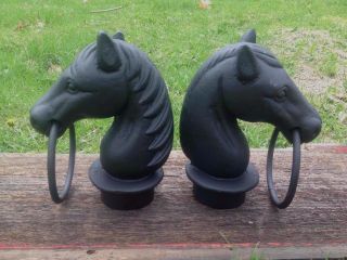 Cast Iron Pair Horse Head With Ring Topper For Hitching Post Set Painted Black
