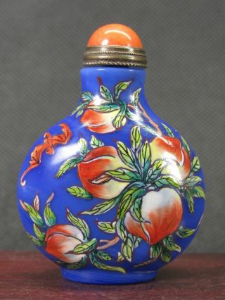 Chinese Bat Peach Flower Butterfly Hand Painted Peking Enamel Glass Snuff Bottle