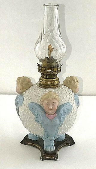Rare Antique Bisque Porcelain Three Cherubs Blue Wing Angels Miniature Oil Lamp