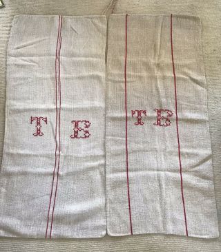⭕️ Two Red Monogrammed French Hemp Linen With Stripe Feed Sacks/grain Sack