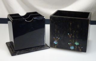 Vintage Japanese Black Lacquer Abalone Shell Playing Card Deck Box - 56395 5