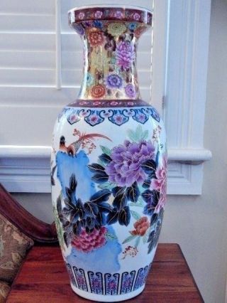 Asian Vase Hand Painted Bird/flowers Raised Gilt Accent Chinese Signed 24.  5 " H