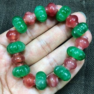 Chinese Handwork Red & Green Jadeite Jade Lantern & Pumpkin Beads Rare Bracelet