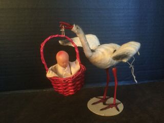 Incredibly Rare Antique Vintage Stork Carrying A Baby Wind Up Toy