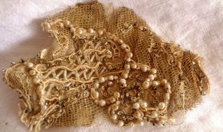 Rarest French Gustav Beer Hand Made Lace Fragment Tulle Lame Pearls Sequins