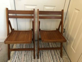 2 Vintage Antique Wooden Folding Chairs Wood Slat Seats Pair Set