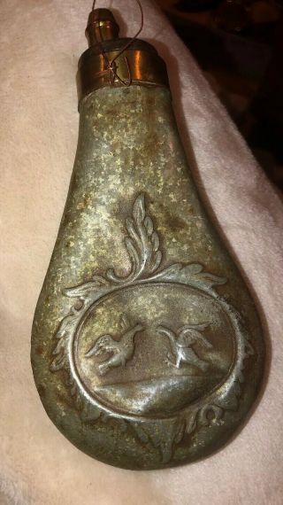 Antique Powder Flask Hunting Zinc Double Sided Birds 6”