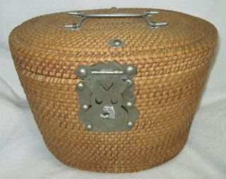 Vintage Antique Asian Chinese Portable Woven Wicker Lined Teapot Basket & Lid