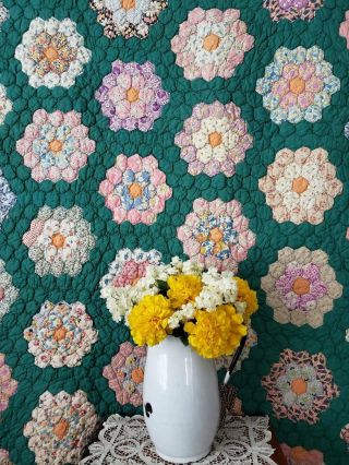 Charming C1930s Vintage Deep Green Flower Garden Quilt Cottage Home 65x57 "