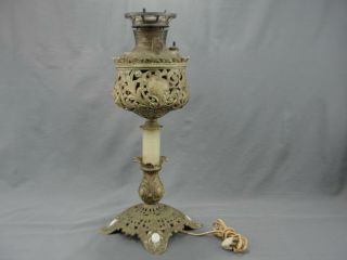 Antique Mixed Metal Banquet Oil Lamp Conversion Onyx Brass Cast Iron Victorian