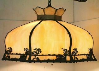 ANTIQUE 1910 ' S OVERSIZED SLAG GLASS SILHOUETTE HANGING LAMP.  HANDEL / B&H ERA 2