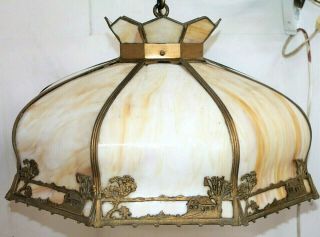 ANTIQUE 1910 ' S OVERSIZED SLAG GLASS SILHOUETTE HANGING LAMP.  HANDEL / B&H ERA 4