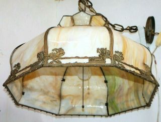 ANTIQUE 1910 ' S OVERSIZED SLAG GLASS SILHOUETTE HANGING LAMP.  HANDEL / B&H ERA 7