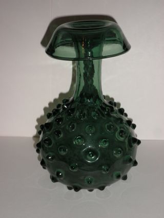 Mid Century Hand Blown Hobnail Green Glass Vase Candle Holder