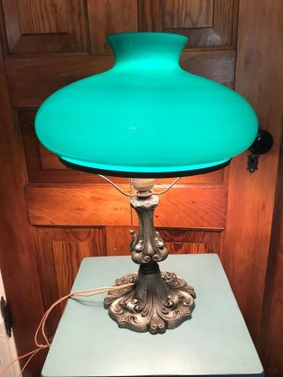 Antique Art Deco 15 " Cast Aluminum Lamp With Dark Green Glass Shade