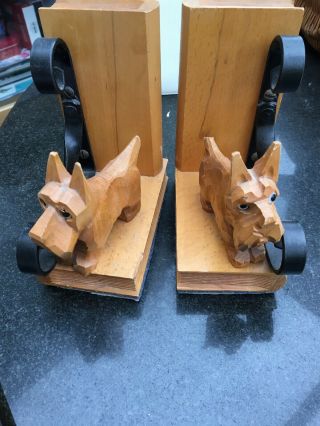 Pair Art Deco Antique Solid Carved Wood Treen Scotty Dog Bookends Unusual