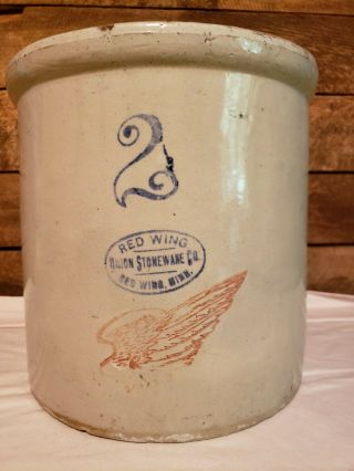 Antique Vintage 2 Gallon Red Wing Union Stoneware Crock,  Great Markings 4 " Wing