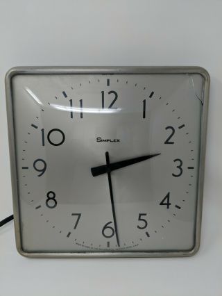 Simplex Square Slave School Industrial Factory Wall Clock Glass Metal 8245 Vtg