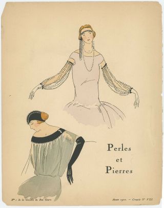 1922 French Art Deco Fashion Pochoir Flappers Pearls Gazette Du Bon Ton