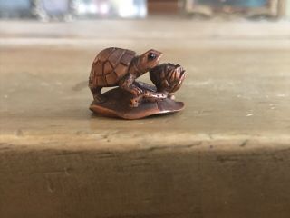 Finely Carved Japanese Boxwood Turtle Lotus Netsuke,  Ojime Bead,  Signed 1 Inch