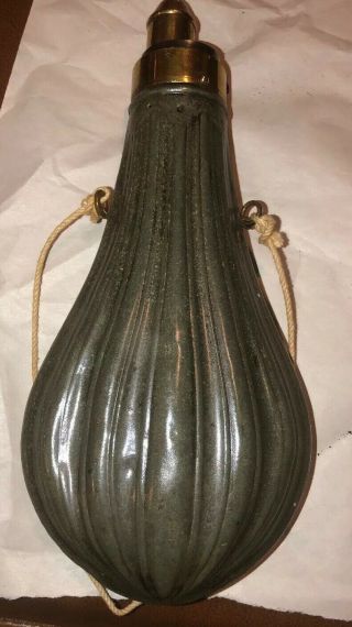 Antique Powder Flask Fluted Zinc & Brass Large
