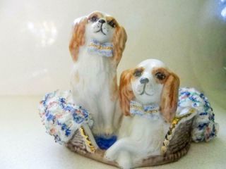 Antique Irish Dresden Figurine " Pals " 2 Dogs In Basket With A Lace Blanket Rare
