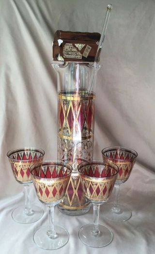 Vintage Mcm West Virginia Glass Co Cocktail Martini Pitcher Red & Gold 4 Glasses