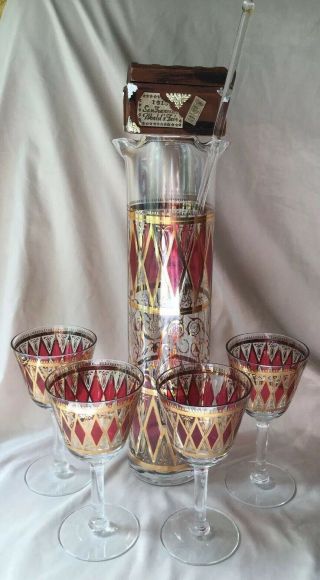 Vintage MCM WEST VIRGINIA GLASS CO Cocktail Martini Pitcher Red & Gold 4 Glasses 2