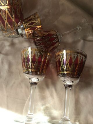 Vintage MCM WEST VIRGINIA GLASS CO Cocktail Martini Pitcher Red & Gold 4 Glasses 4