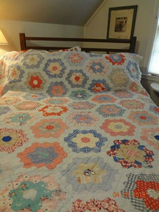 Vintage/Antique Grandmother ' s Flower Garden Quilt/Good Condition/ Feedsack/84x67 3