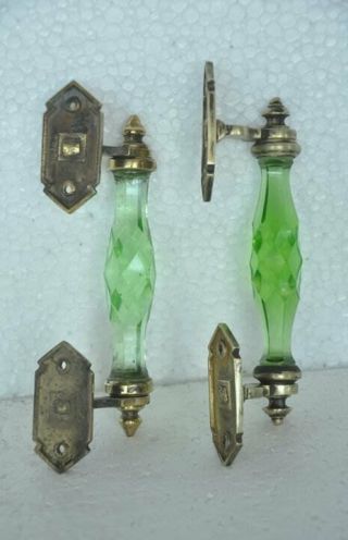 2 Pc Vintage Brass Green Cut Glass & Brass Unique Door Handles