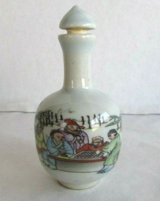 Vintage Antique Chinese Porcelain Snuff Bottle - Playing Mahjong - Signed