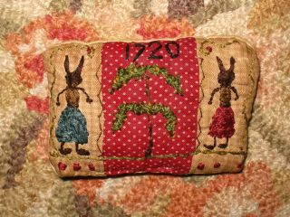 Primitive Tiny Sampler Pillow 1720 Emma,  Tilly Rabbits & Willow Tree Early Quilt