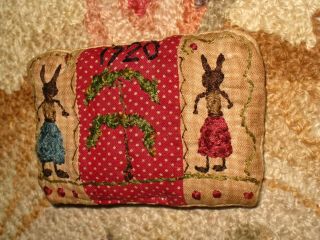 Primitive tiny Sampler Pillow 1720 EMMA,  TILLY RABBITS & WiLLOW TREE Early Quilt 2