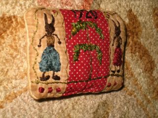 Primitive tiny Sampler Pillow 1720 EMMA,  TILLY RABBITS & WiLLOW TREE Early Quilt 3