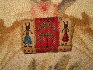 Primitive tiny Sampler Pillow 1720 EMMA,  TILLY RABBITS & WiLLOW TREE Early Quilt 5