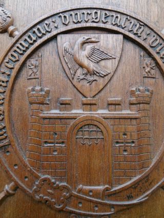 19thC GOTHIC & HERALDIC WOODEN OAK PANEL WITH HERALDIC CARVINGS c1880s 5